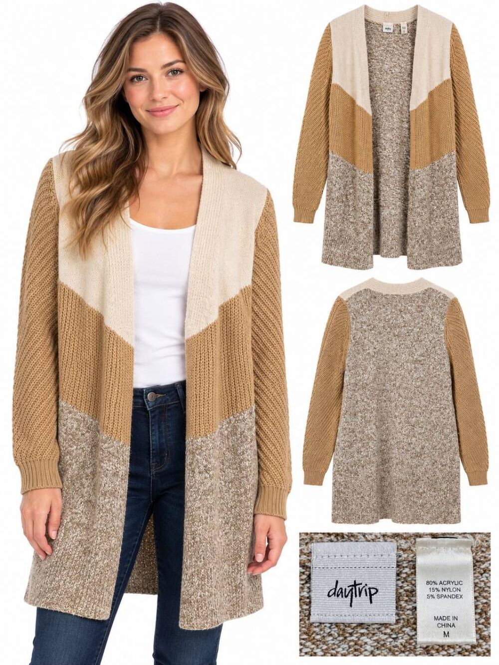 Daytrip Medium Cream Tan Colorblock Long Knit Cardigan
